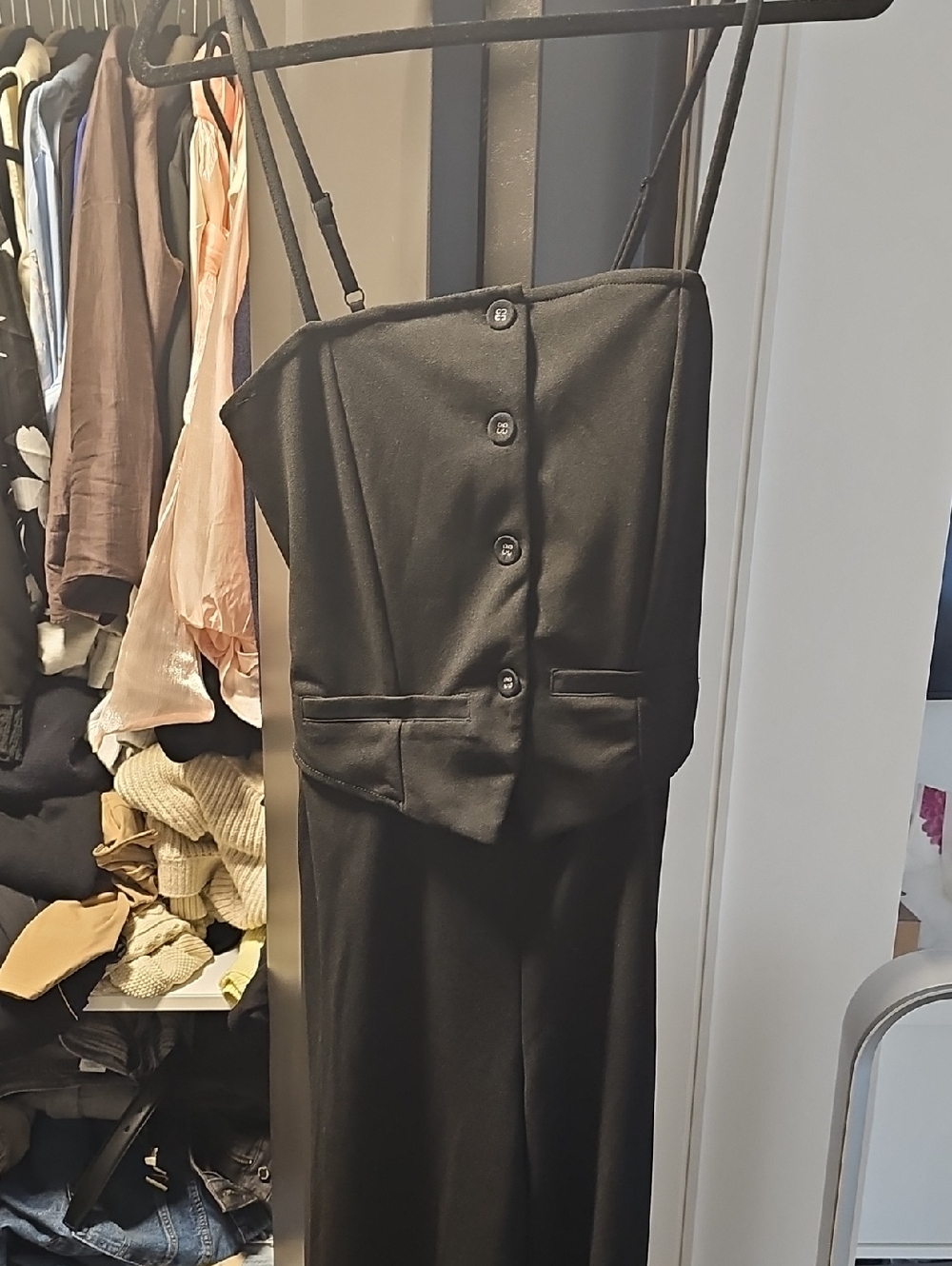 Black Button-Front Strap Jumpsuit with Tailored Waist